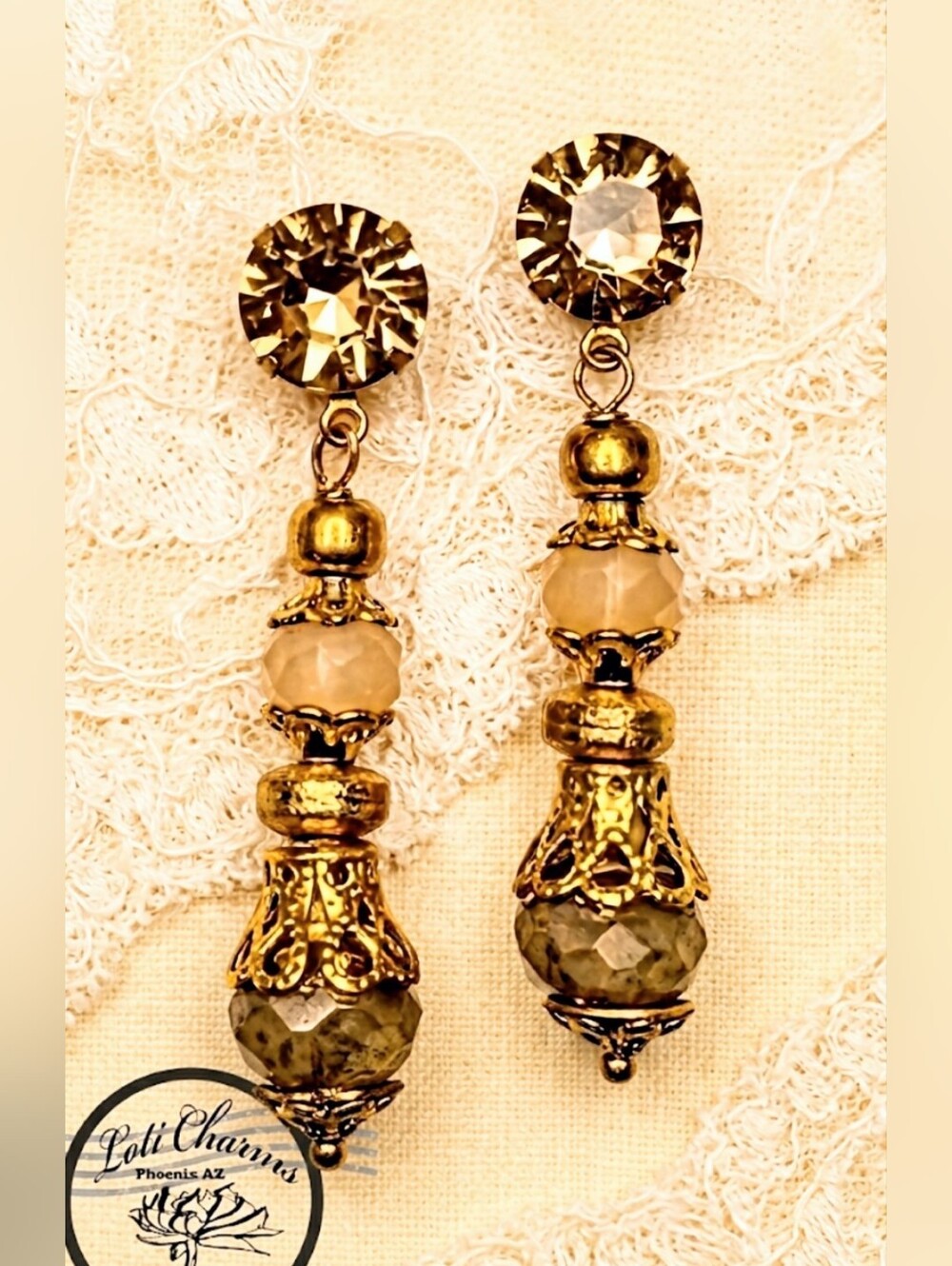 Victorian Champagne Apricot Crystal & Glass In Filligree Gold Plated Earrings